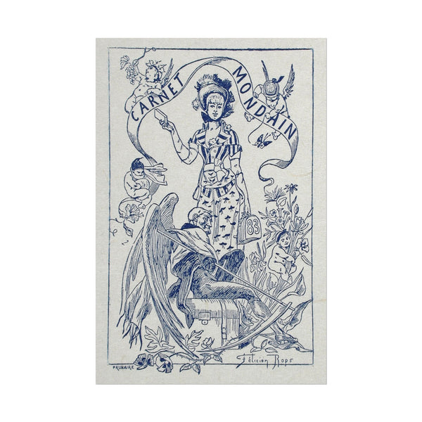 Decorative card with blue illustration of a woman and text 'Carnet Mondain' on a white background