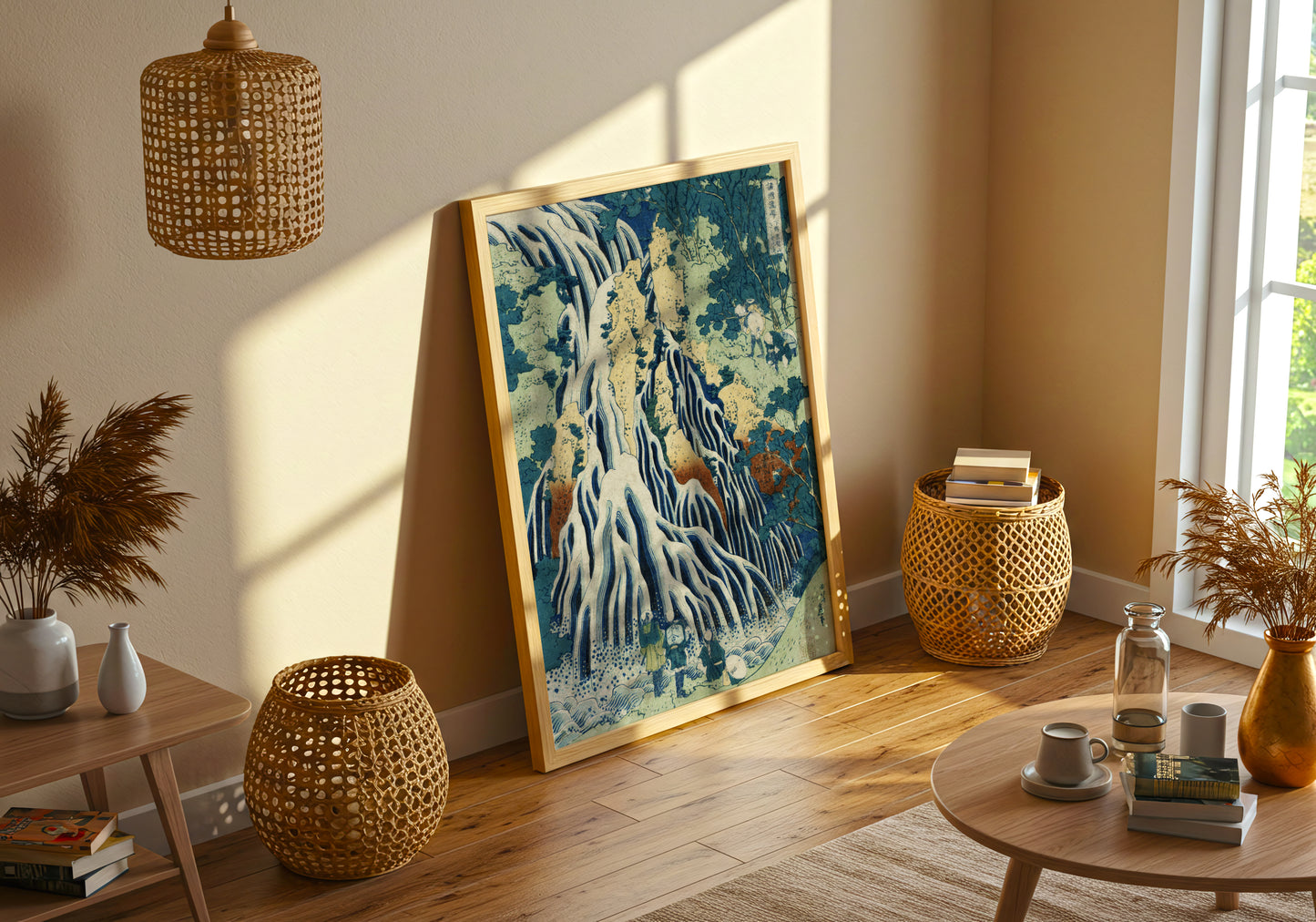 Pilgrims at Kirifuri Waterfall on Mount Kurokami poster by Katsushika Hokusai - Neutral room decor with framed print