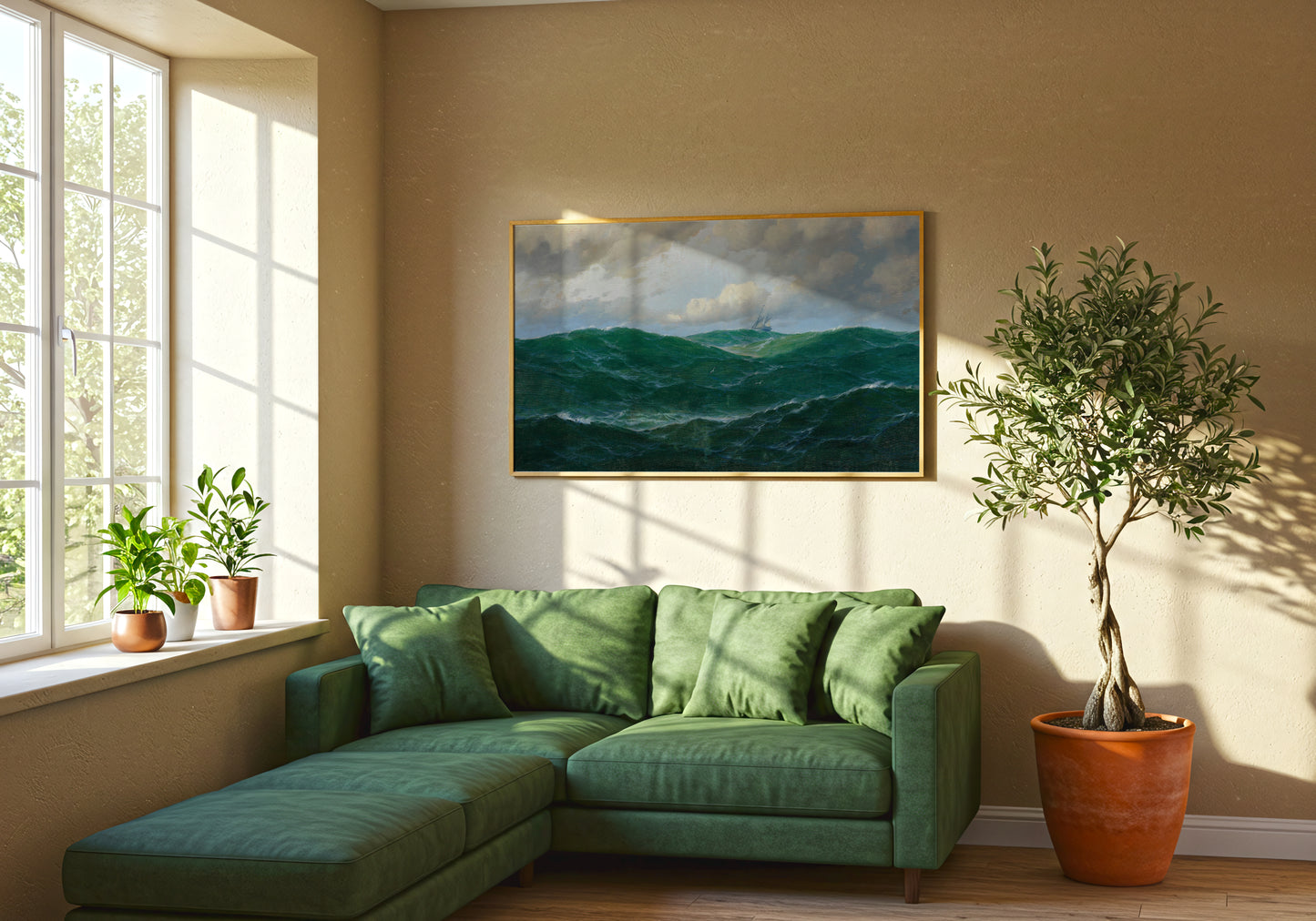 Ship on Rough Seas poster by Max Jensen - Neutral room decor with framed print