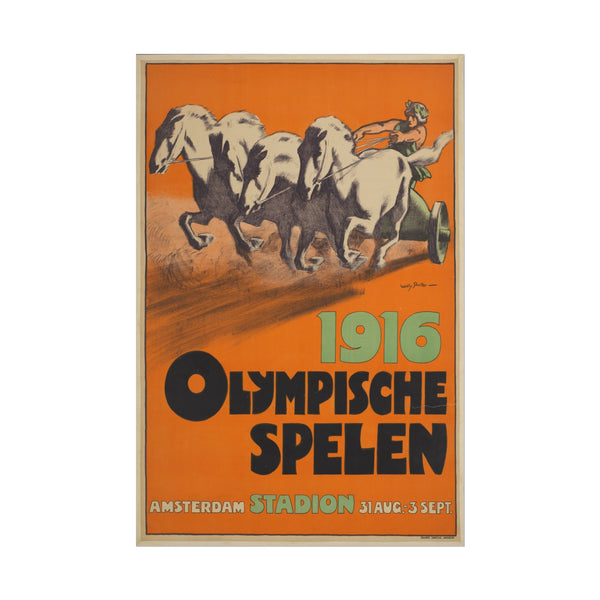 Vintage poster for 1916 Olympische Spelen with horses and text on an orange background