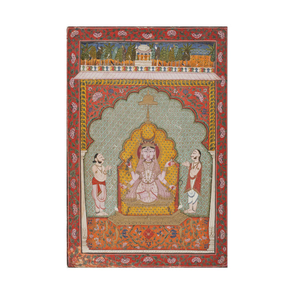 Decorative panel with a central figure flanked by two attendants, framed by intricate patterns on a white background.
