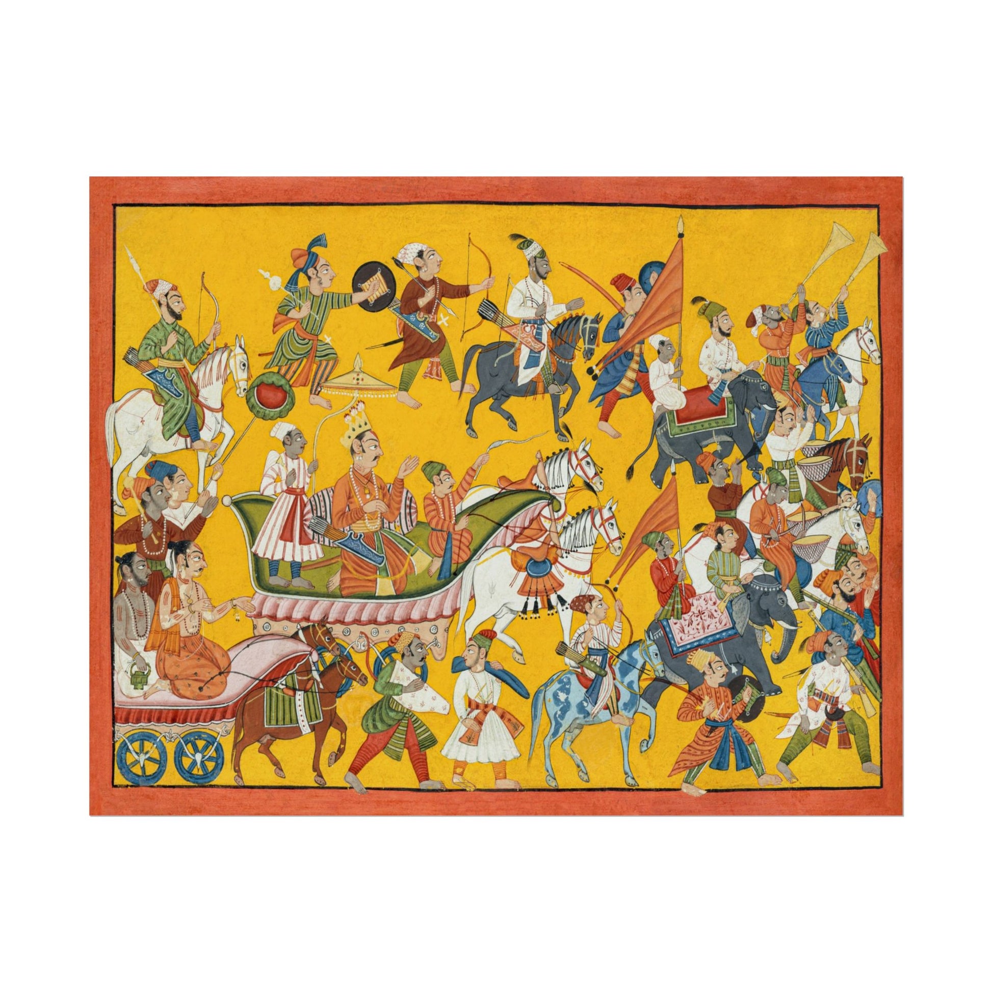 King Dasaratha adorned in a chariot with vibrant retinue and horses.