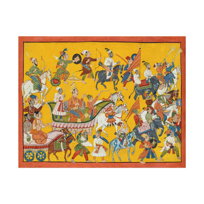 King Dasaratha adorned in a chariot with vibrant retinue and horses.