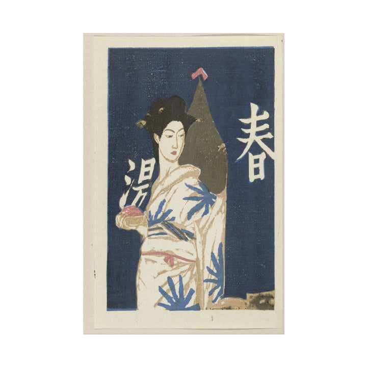 Woman in a kimono holding flowers against a blue background.