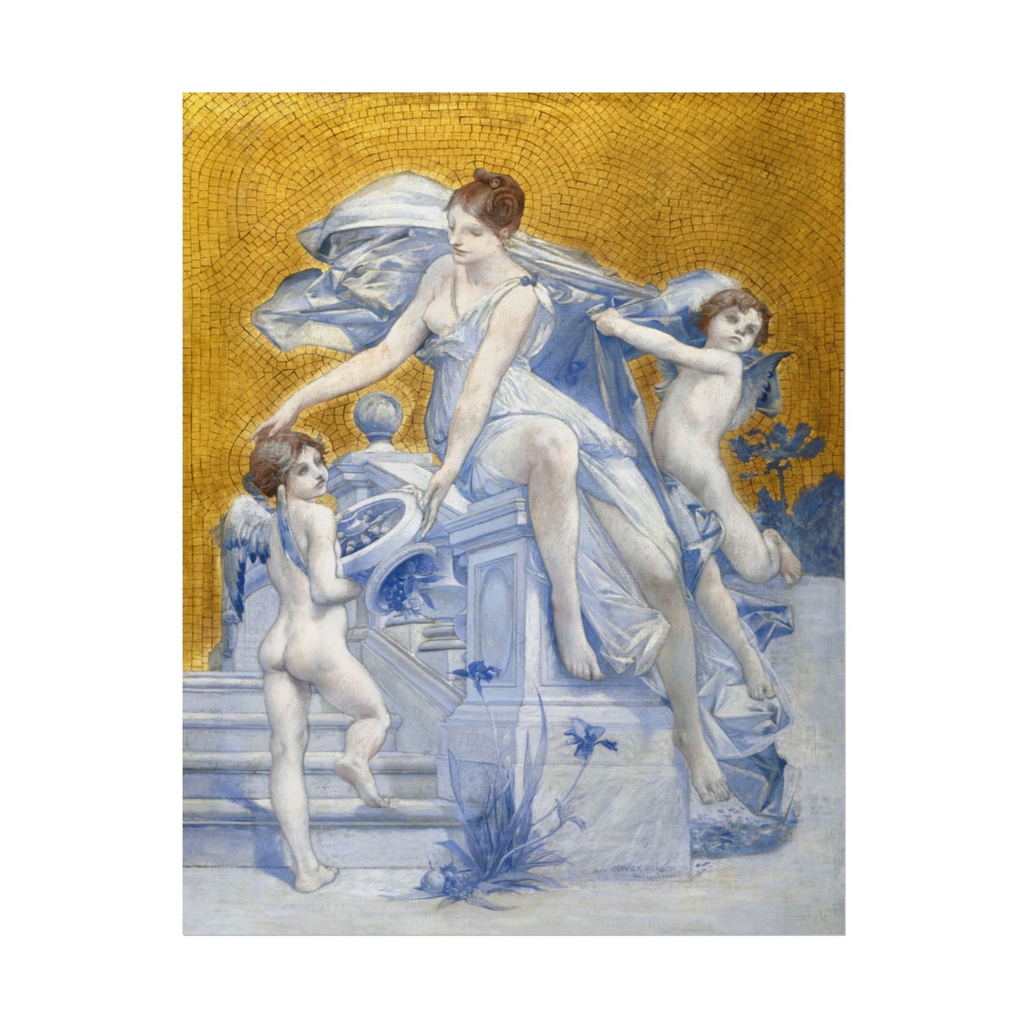 Woman with cherubs, adorned in blue and gold hues, symbolizes time.