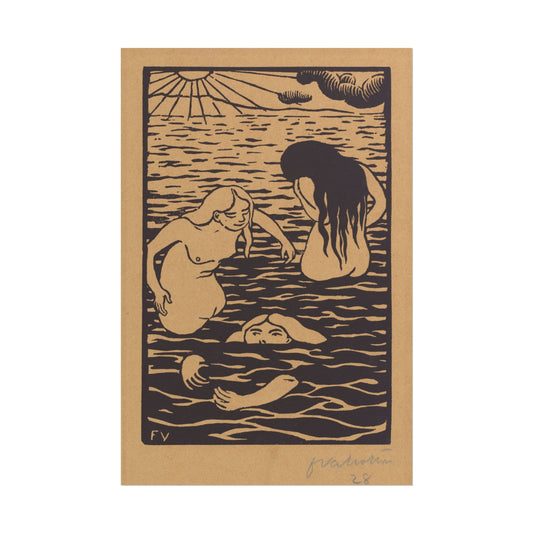 Woodcut depicting three bathers interacting with water