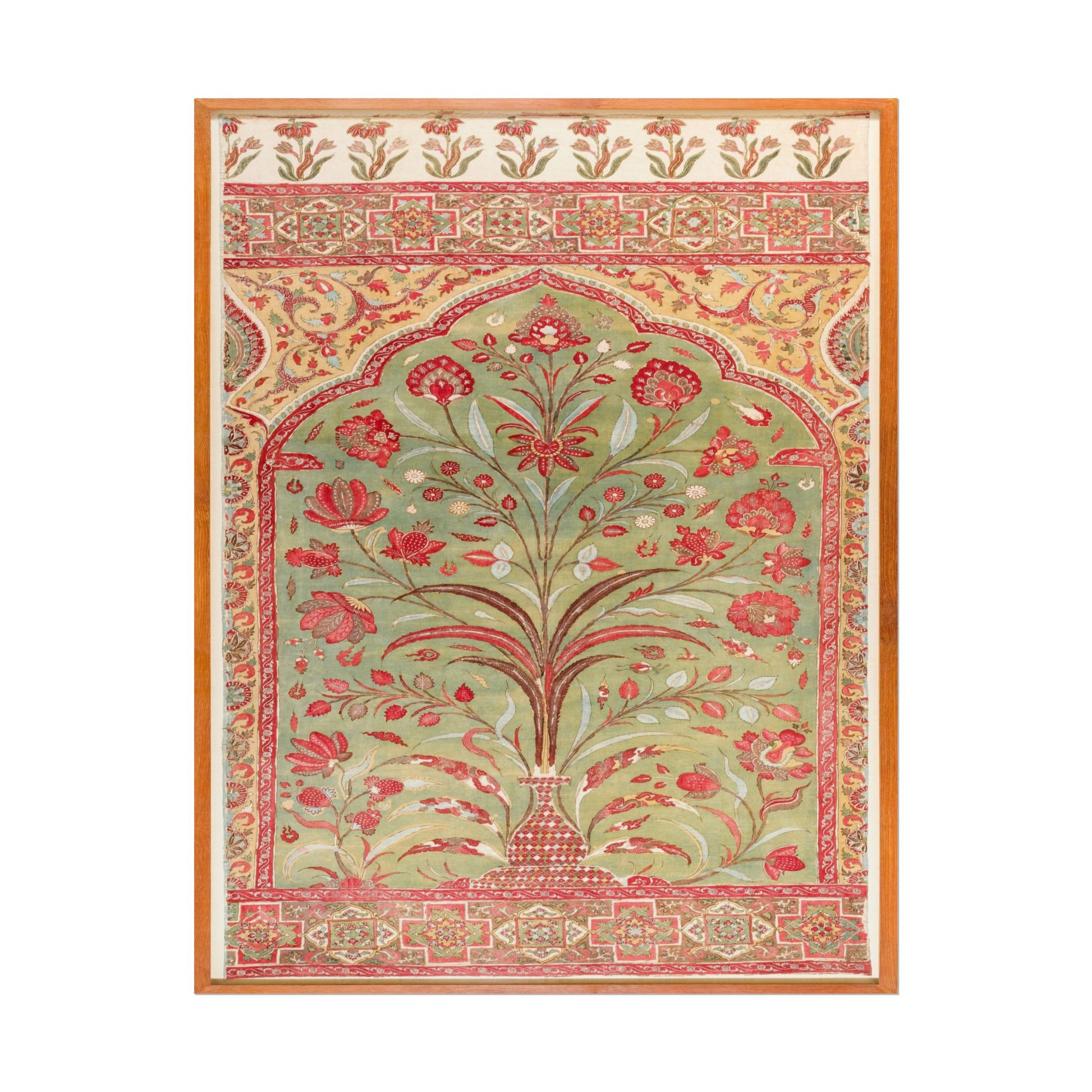 Intricate Indian textile art featuring vibrant floral motifs and colors.