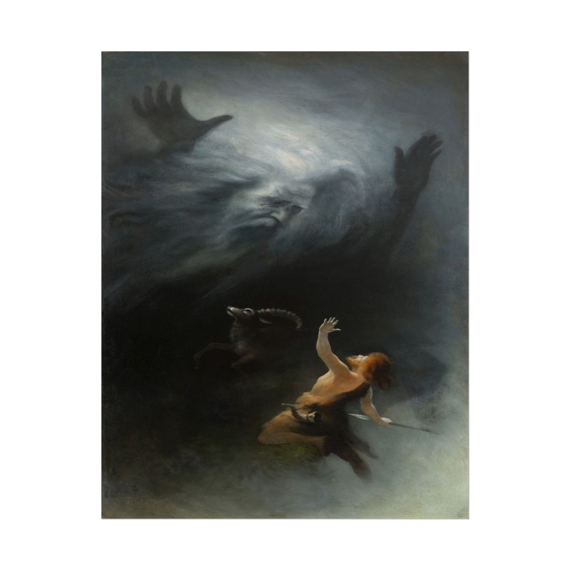 A primal figure reaching out into a dark, swirling scene.