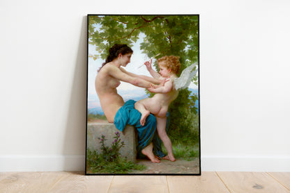 A Young Girl Defending Herself against Eros poster by  William-Adolphe Bouguereau - Black frame wall art