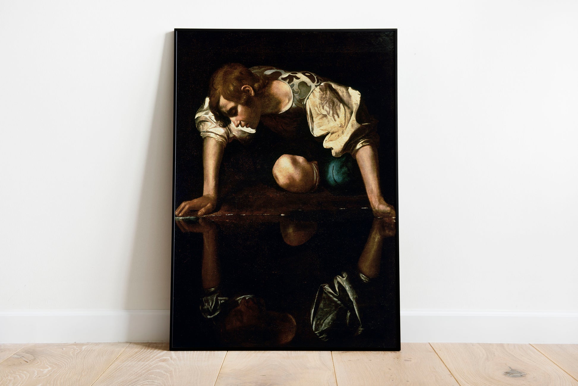 Narcissus poster by Caravaggio  - Black frame wall art