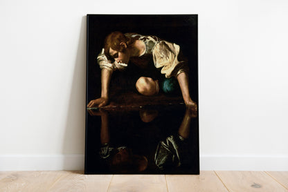 Narcissus poster by Caravaggio  - Black frame wall art