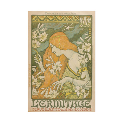 Art Nouveau print featuring a woman surrounded by lilies.