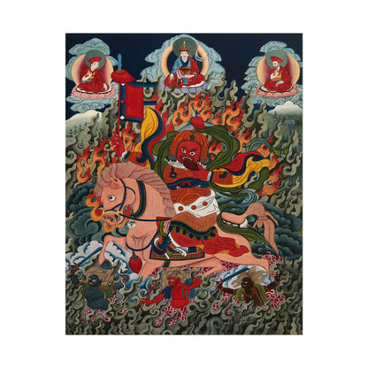 Tibetan deity on horseback amidst vibrant flames and clouds.