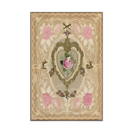 Beautiful vintage print of pink roses and a putti figure.