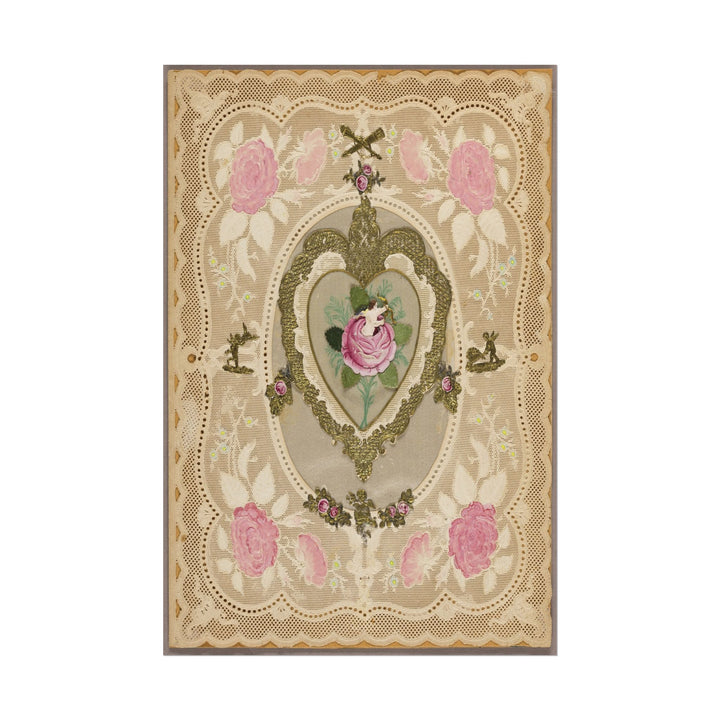 Beautiful vintage print of pink roses and a putti figure.
