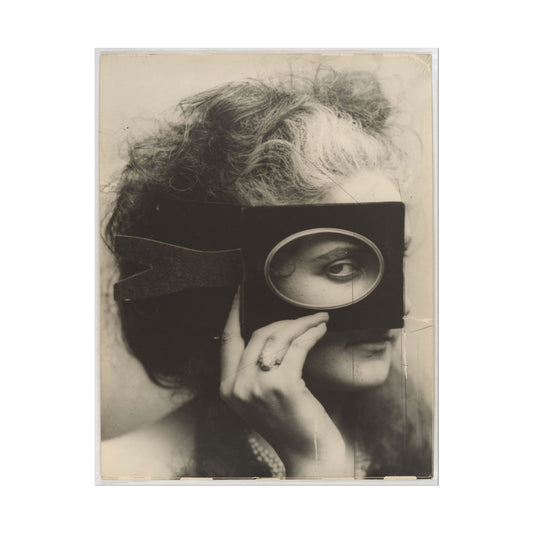 A woman holding a circular lens, captured in a haunting black-and-white image.