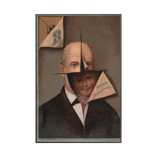 Colorful vintage advertisement featuring a man and a child intertwined.