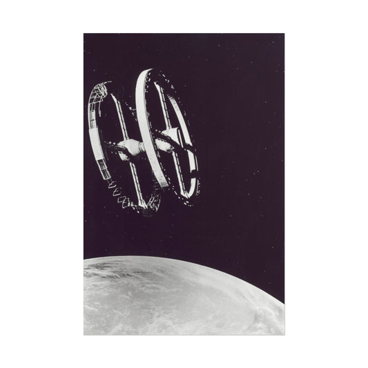 2001 Space Station artwork featuring a rotating space station in view.