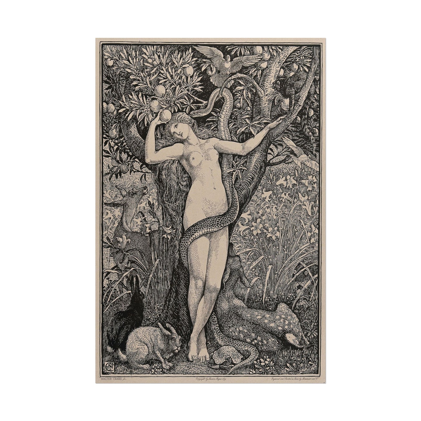 Eve entwined with a serpent surrounded by lush greenery.