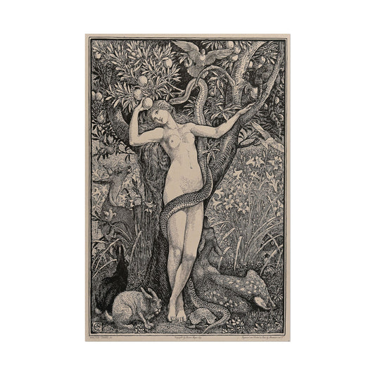 Eve entwined with a serpent surrounded by lush greenery.