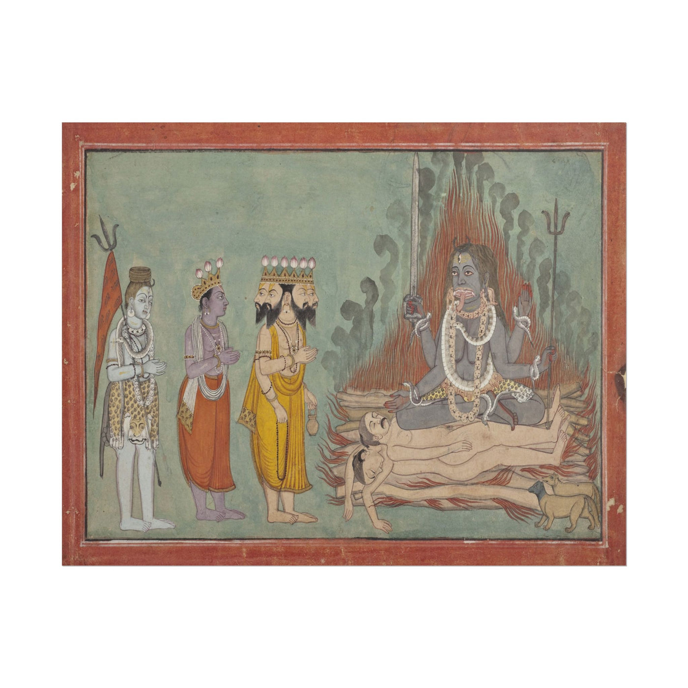 Shiva, Vishnu, and Brahma Adoring Kali 14″×11″