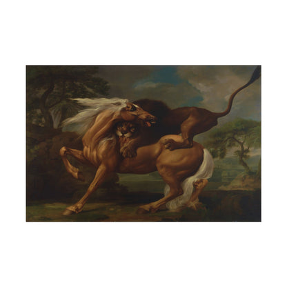 A dramatic scene of a lion attacking a horse in a landscape.