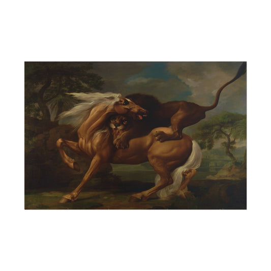 A dramatic scene of a lion attacking a horse in a landscape.