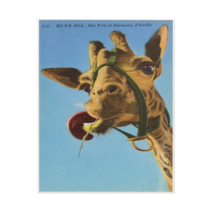 Vintage postcard featuring a playful giraffe against a blue background.