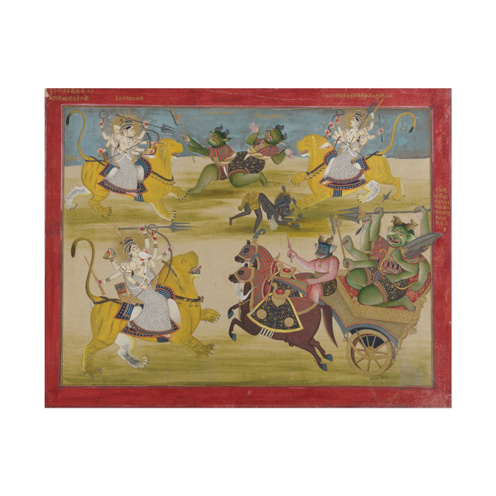 Durga battling demons in a dynamic, colorful composition