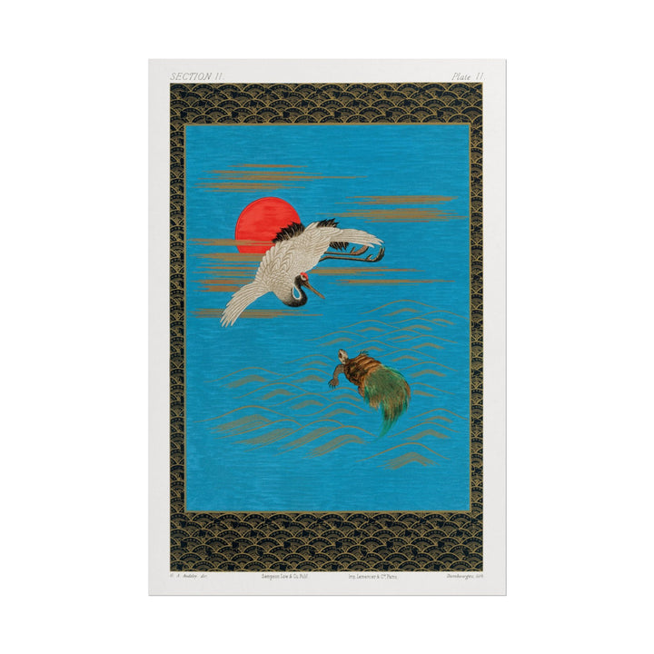 Artwork depicting a Sarus crane flying over a turtle in water.