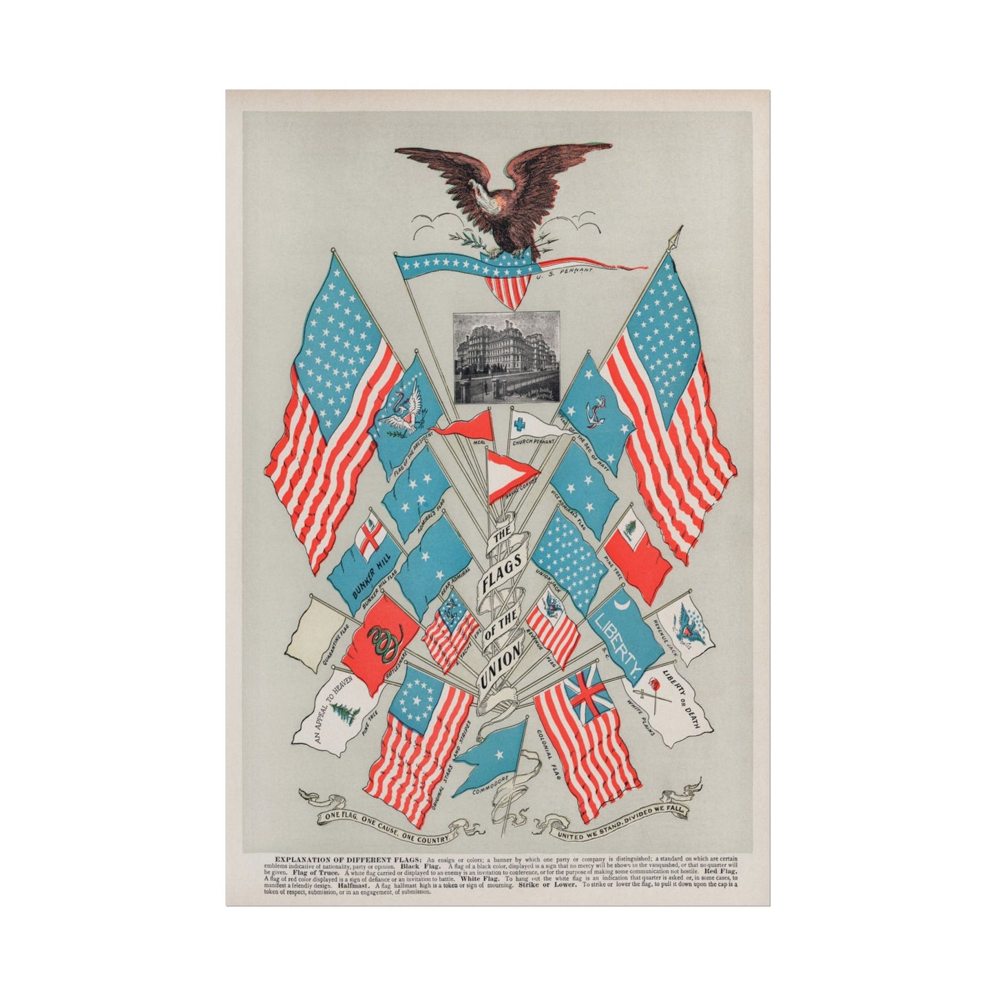 Colorful flags representing the Union with an eagle at the top.