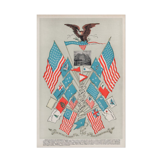Colorful flags representing the Union with an eagle at the top.