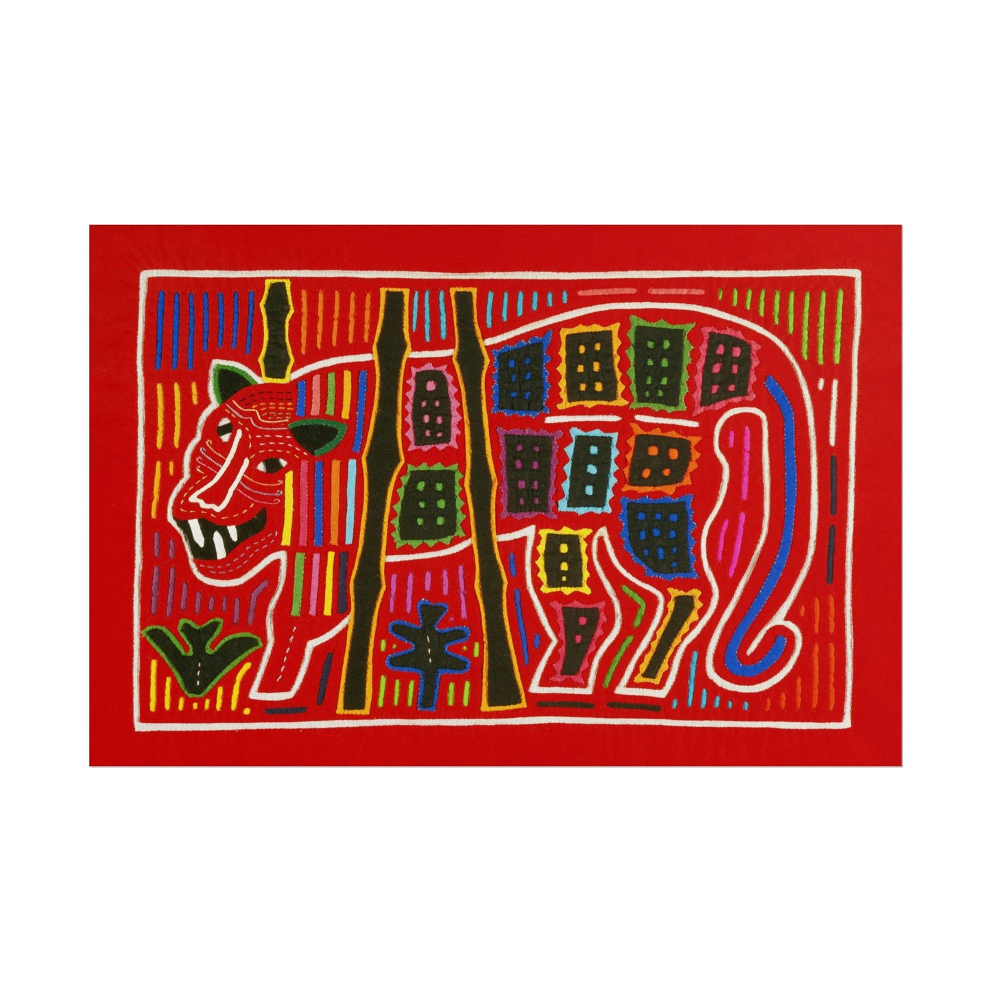 Abstract Red Tiger artwork with colorful patterns and shapes.