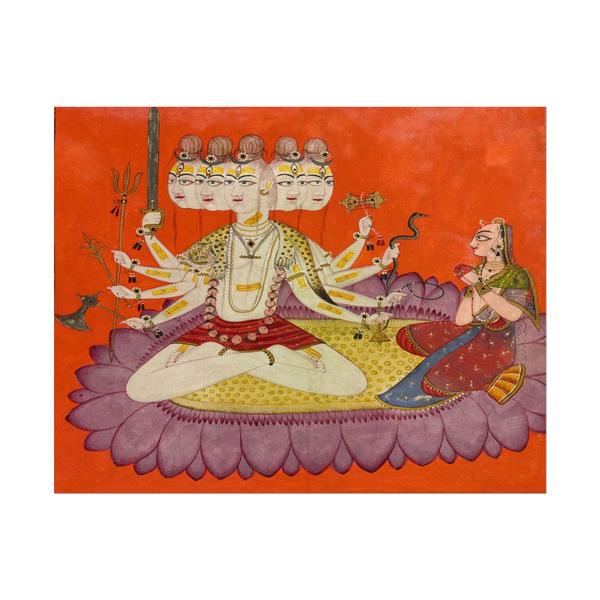 Sadashiva seated on a lotus with multiple arms and vibrant colors.