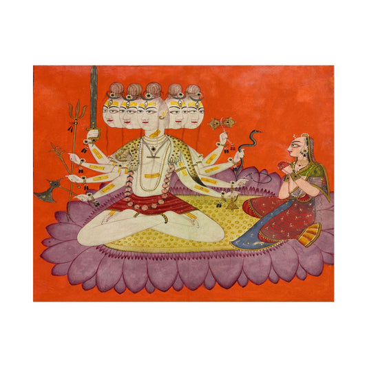 Sadashiva seated on a lotus with multiple arms and vibrant colors.