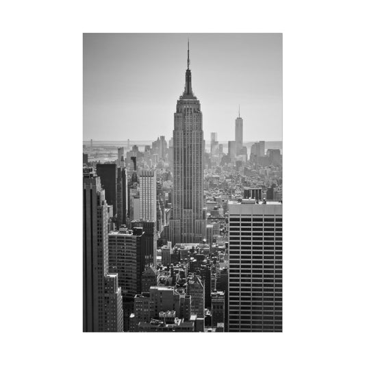 Black and white print of the Empire State Building in NYC.
