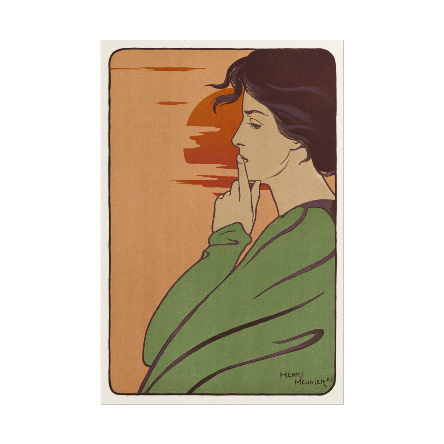 Elegant figure whispering against a sunset background in muted colors.