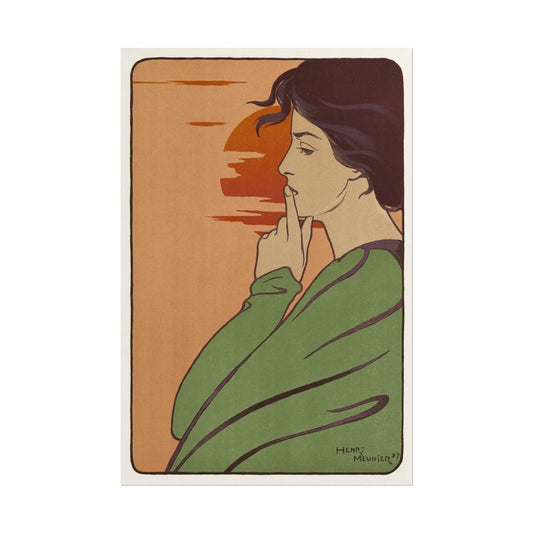 Elegant figure whispering against a sunset background in muted colors.