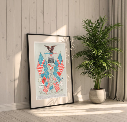 Framed artwork on a wall with a plant and chair in a room