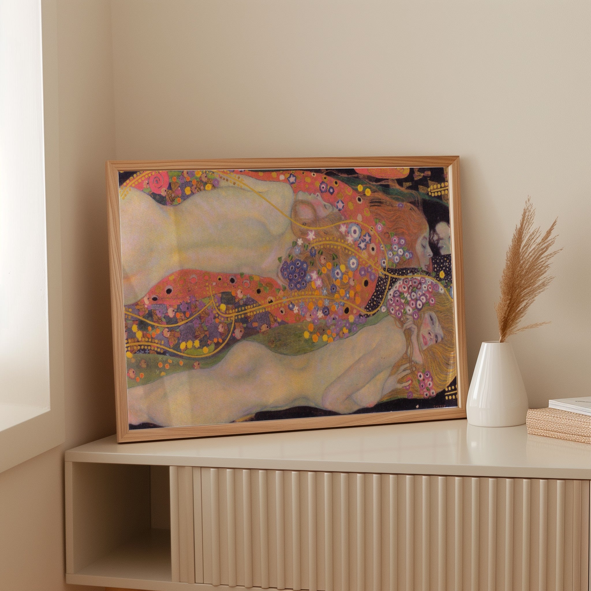 Water Serpents by Gustav Klimt art print framed on a wall