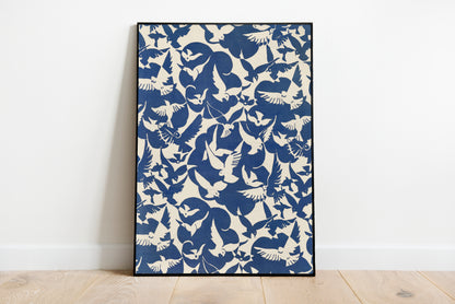 Pigeons in White and Blue poster by Owen Jones - Black frame wall art