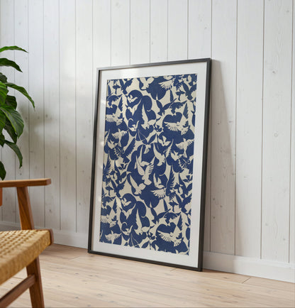 Pigeons in White and Blue poster by Owen Jones - Neutral room decor with framed print
