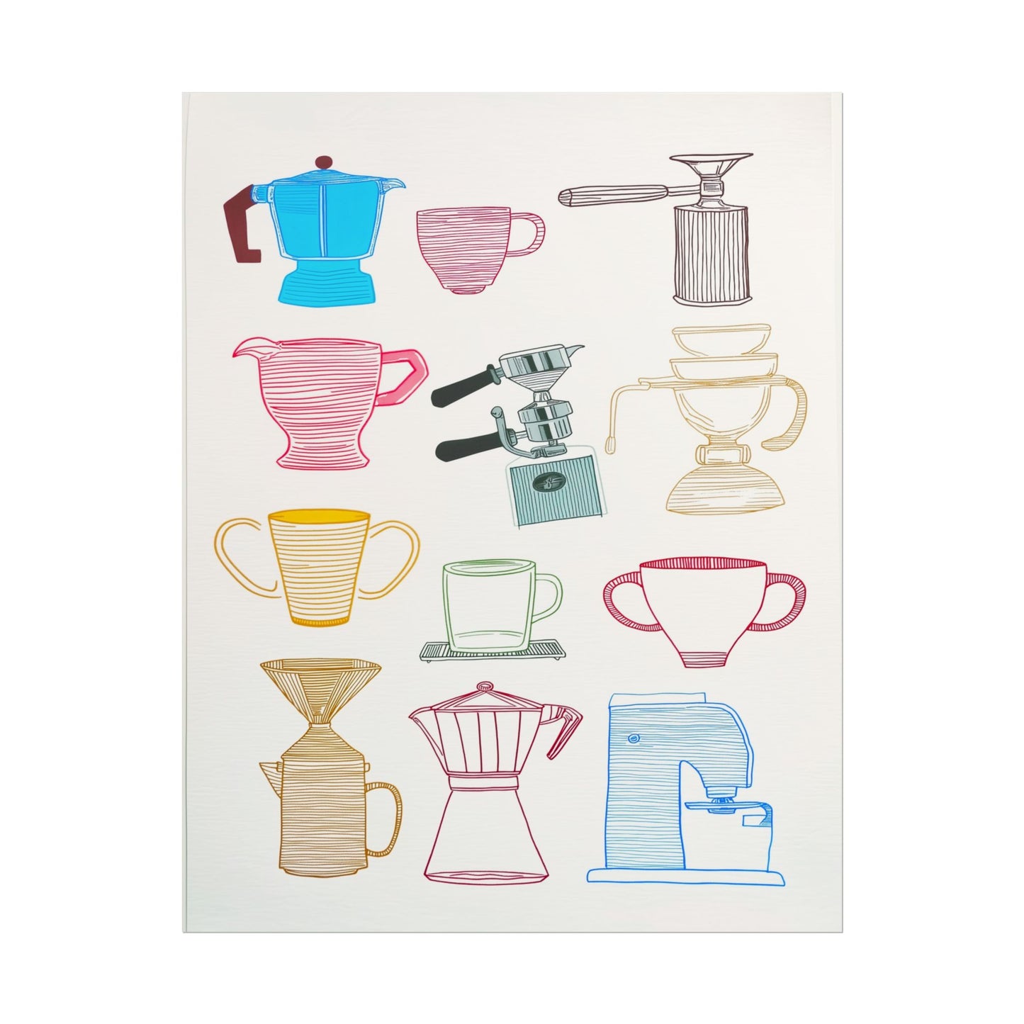 Hand-drawn illustrations of various coffee pots and mugs