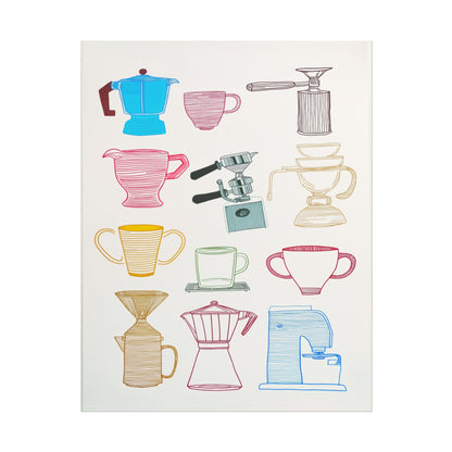 Hand-drawn illustrations of various coffee pots and mugs