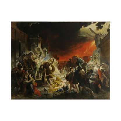 Dramatic scene depicting the chaos during the eruption of Pompeii.