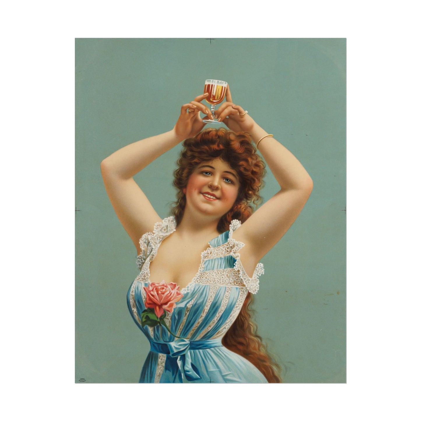 Vintage woman joyfully holding a glass of beer in a blue dress.