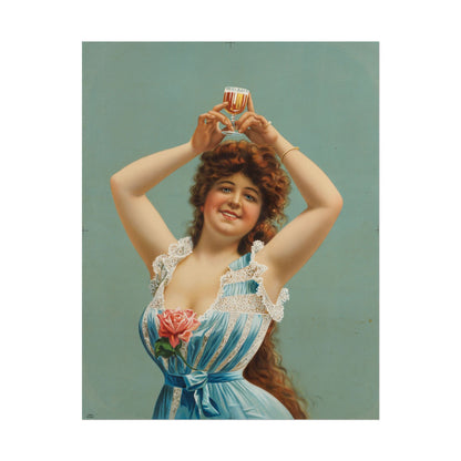 Vintage woman joyfully holding a glass of beer in a blue dress.
