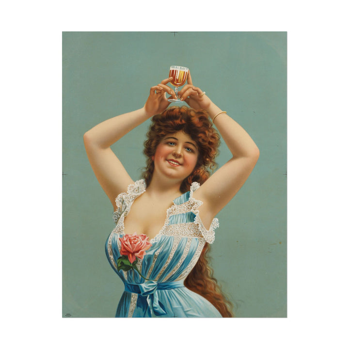 Vintage woman joyfully holding a glass of beer in a blue dress.