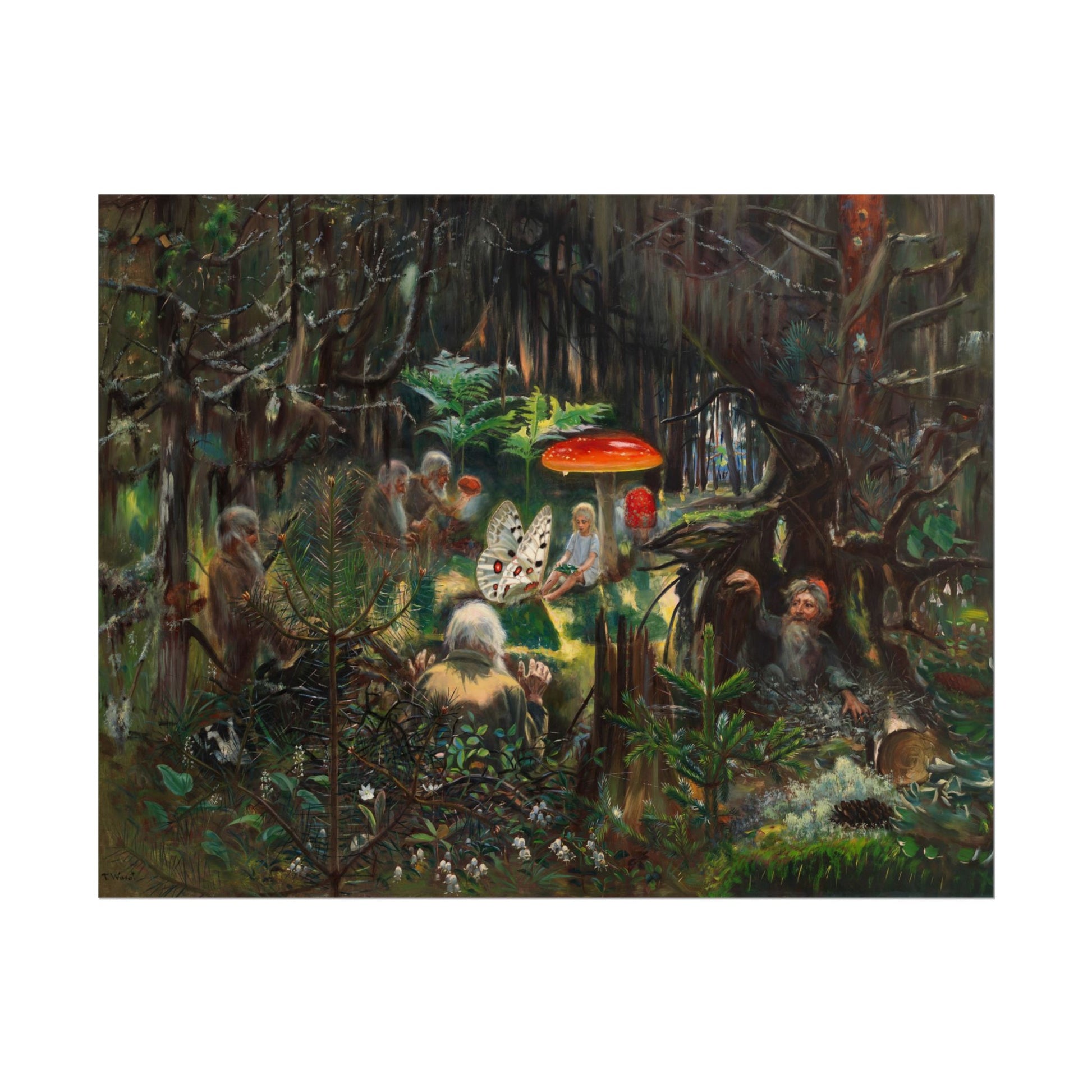 Enchanted forest scene with figures and a large red mushroom.