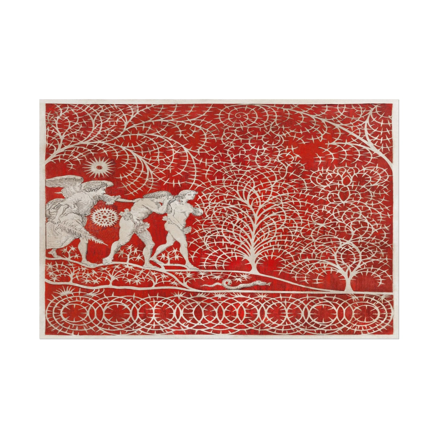 Intricate artwork depicting the Expulsion from Eden in vibrant red.
